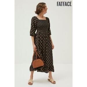 Fat Face smocked black printed midi dress